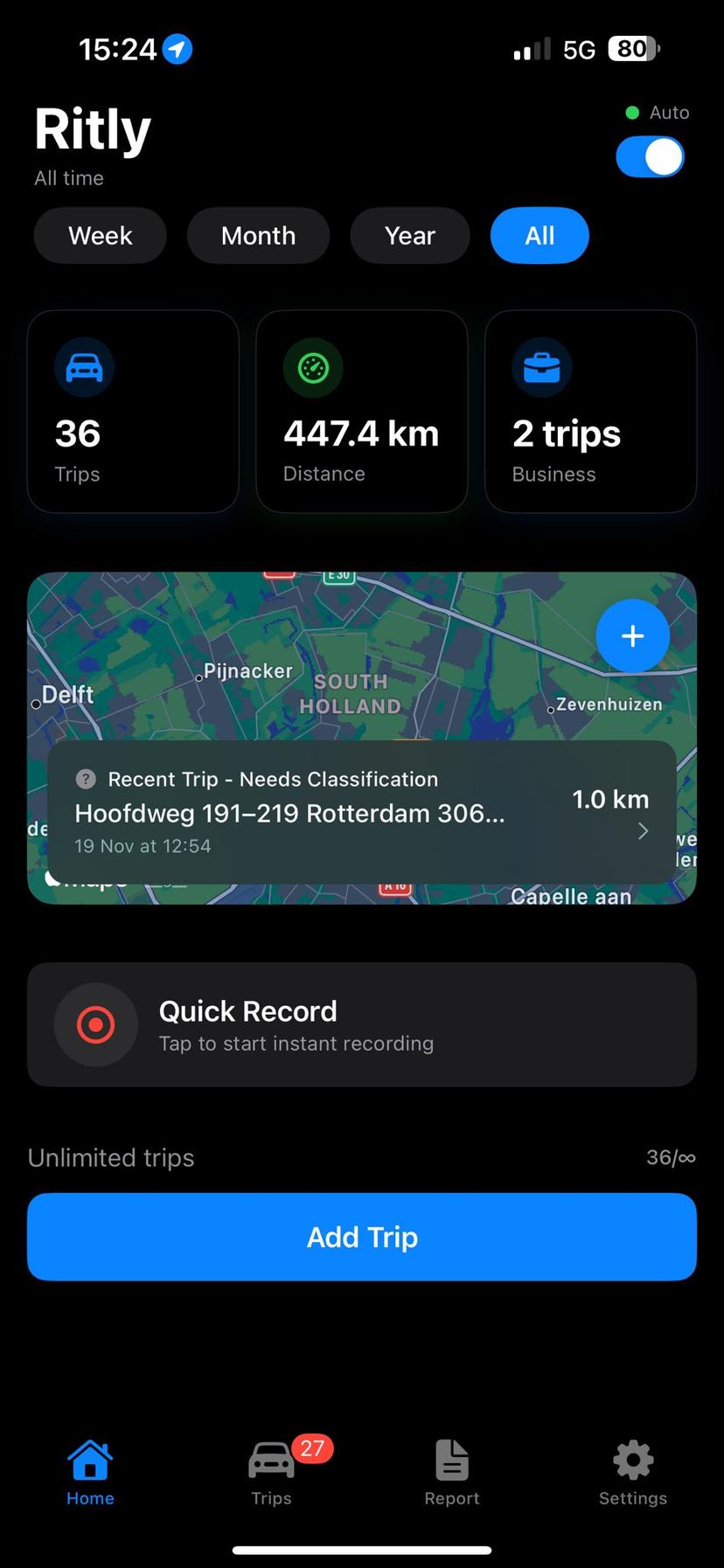 Ritly Home Screen - Kilometerregistratie Dashboard